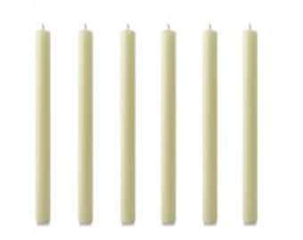 May include: Six ivory-colored taper candles arranged vertically. Each candle is a slender cylinder with a wick at the top. The candles are evenly spaced against a white background, highlighting their simple elegance.