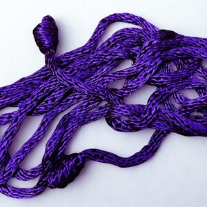 May include: A close-up shot of a length of purple rope, intricately woven with a textured pattern. The rope is a deep, rich shade of purple, with darker accents. The rope is knotted at one end.