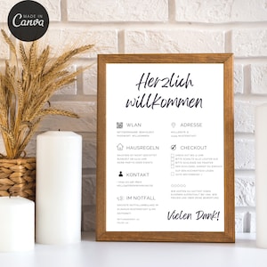 Holiday apartment/Airbnb welcome sign with information template in German | WiFi with QR code, address, check-out information & more