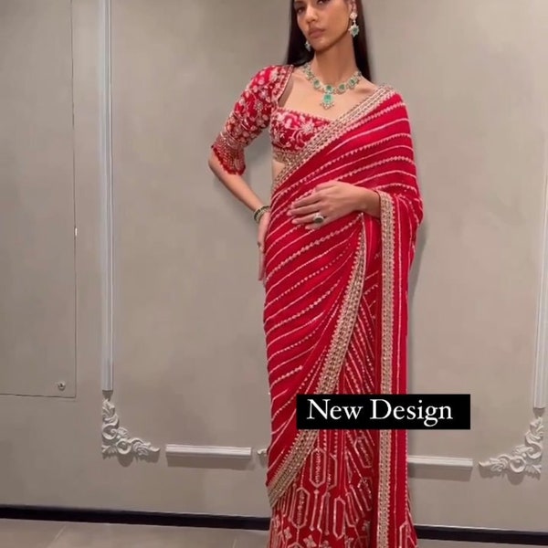 Bright Red Sari Georgette Saree with Heavy Sequins Embroidery Work Sari Blouse For Bridal Wedding And Party Wear Dress