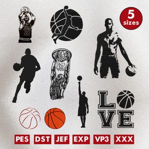Puede incluir: Una colección de gráficos con temática de baloncesto en negro y naranja. Los diseños incluyen siluetas de jugadores, balones de baloncesto y la palabra "LOVE" con un balón. Un círculo rojo indica "5 tamaños".