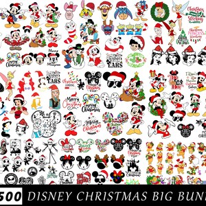 Op de afbeelding: Een verzameling Disney-afbeeldingen met kerstthema. Mickey Mouse, Minnie Mouse en andere personages zijn afgebeeld met kerstmutsen en feestelijke kleding. De afbeelding bevat de tekst "+1500 DISNEY CHRISTMAS BIG BUNDLE."