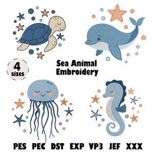 Könnte beinhalten: Meerestier-Stickmotive in vier Größen. Die Motive umfassen eine Schildkröte, einen Delfin, eine Qualle und ein Seepferdchen. Die Motive sind in Blau, Braun und Weiß.