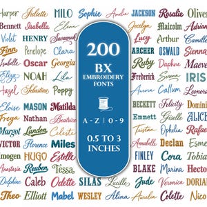 May include: A digital display of 200 BX embroidery fonts featuring various names in diverse styles and colors. A central blue vertical oval contains the text 200 BX EMBROIDERY FONTS, an icon of a thread spool, A-Z | 0-9, and 0.5 TO 3 INCHES.