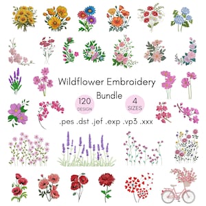 Può includere: Una collezione di colorati disegni di ricamo di fiori selvatici. L'immagine include varie composizioni floreali, tra cui girasoli, papaveri e lavanda. Il testo recita "Wildflower Embroidery Bundle" con dettagli su design e dimensioni.