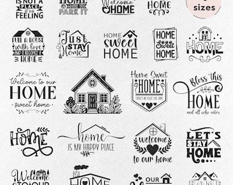 Puede incluir: Ilustraciones en blanco y negro de varias citas y diseños con temática hogareña. Las citas incluyen "El hogar no es un lugar, es un sentimiento", "El hogar es donde estacionas", "Bienvenido a casa", "Simplemente quédate en casa", "Hogar dulce hogar", "Bendice este hogar y a todos los que entran", "El hogar es mi lugar feliz", "Bienvenido a nuestro hogar", "Nuestro pequeño hogar" y "Hogar dulce escuela en casa".