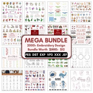 Könnte beinhalten: Ein digitales Stickmuster-Megapaket mit über 2000 Dateien in den Formaten PES, DST, EXP, VP3, XXX und JEF. Die Sammlung umfasst verschiedene Themen wie Wildblumen, Tiere, Schriftarten, Ostern, Weihnachten, Geburtsblumen und Meeresbewohner.