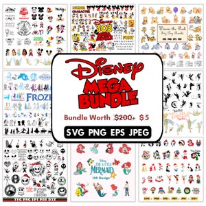 Mega paquete SVG PNG y DXf Paquete de descarga digital instantánea para Cricut o Silhouette Stitch MickeyMinnie Bambi StarWars Campanilla Ariel Auto