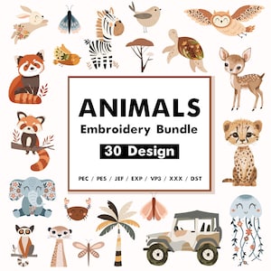 Op de afbeelding: Een set van 30 borduurmotieven met verschillende dieren, waaronder een zebra, een giraffe, een olifant, een cheetah, een kwal en nog veel meer. De motieven zijn perfect om unieke en gepersonaliseerde projecten te maken.