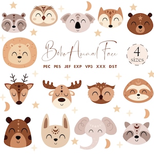 May include: A set of 12 boho animal face illustrations in brown, beige, and white colors. The animals include a fox, owl, deer, raccoon, bear, elephant, koala, sloth, lion, moose, and rabbit. The text "Boho Animal Face" and "4 sizes" is included in the image.