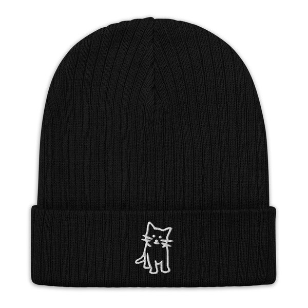 Cat - Ribbed Knit Beanie with Embroidery (Recycled Polyester), Hat for Winter and Keep Warm in Cold Climate