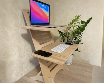 Adjustable Plywood Standing Desk Converter | Ergonomic Sit-Stand Workstation | Minimalist Wooden Desk with Height Adjustment