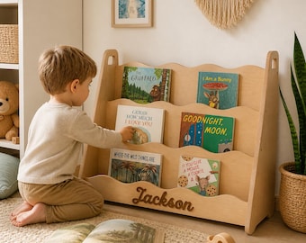 Personalized Montessori bookshelf for kids, wooden front facing book display for nursery