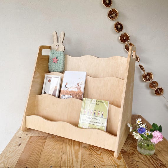 Kids Wooden Bookshelf – Montessori Front-Facing Bookcase, Nursery Storage Rack, Handmade Plywood Shelf