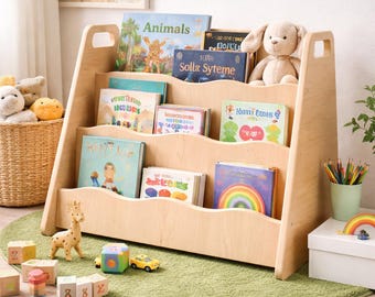 Regał Montessori, regał dla dzieci, ekspozytor książek z przodu, półka do pokoju dziecięcego, drewniane miejsce do przechowywania zabawek