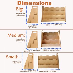 May include: Wooden bookshelves in three sizes: Big, Medium, and Small. The Big shelf is 30 inches wide, 19.6 inches high, and 13 inches deep. The Medium and Small shelves are 21.6 inches wide. The Medium shelf is 19.6 inches high and 13 inches deep. The Small shelf is 15.3 inches high and 9.8 inches deep.