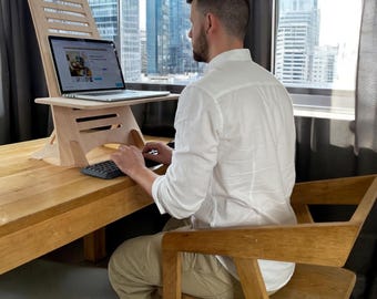 Adjustable Wooden Standing Desk – Ergonomic Laptop Stand, Handmade Plywood Workstation