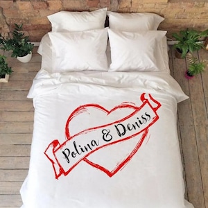 Cotton anniversary gift for boyfriend king queen full duvet cover Custom name gift for girlfriend heart bedding long distance relationships