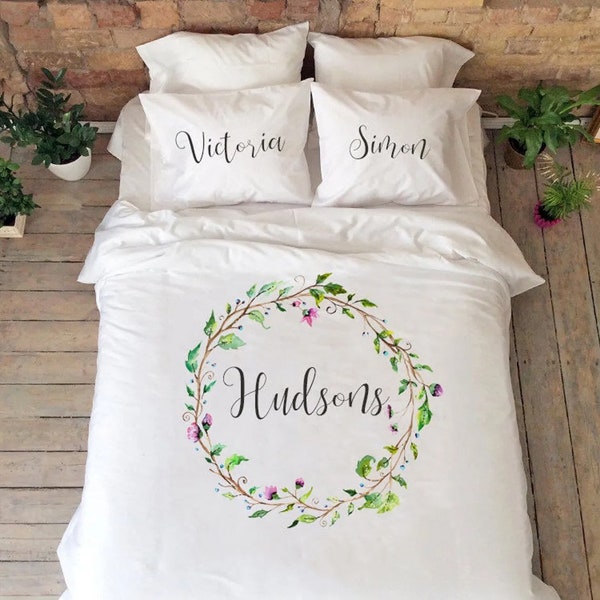 Flower Bedding set Flower wreath bedclothes Personalized gift for Couples Wedding gift Cotton anniversary Gift with names Duvet cover king