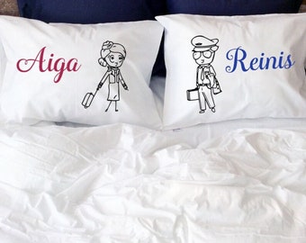 Pilots and Stewardess Personalized Couple Pillowcases airline pilot stewardess pillowcases airplane plane aviation airman gift for pilots