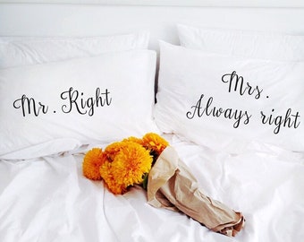 Wedding Cotton Anniversary gifts for Him Her Boyfriend Girlfriend Husband Wife His Couple Pillow Case Pillowcases Mr right Mrs always right