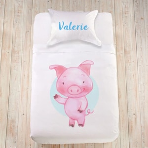 Pink bedding Pig bedding Gifts with names Watercolor animals Farm animals bedding Personalized duvet cover set for child Kids bedding set