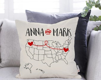 Gift for boyfriend long distance pillow case Personalized state pillow state to state us map 2 states connected boyfriend long distance gift