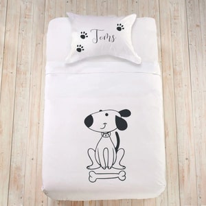 Baby shower bedding Custom bed linen Dog illustration Kids pillowcase Personalized sheet set Natural bedding Kids duvet set Twin bedding set