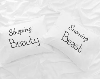 Sleeping Beauty Snoring beast couple pillowcases, His and Hers cushion case, gift idea for him her Boyfriend girlfriend Wedding Anniversary