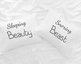 Sleeping Beauty Snoring beast couple pillowcases, His and Hers cushion case, gift idea for him her Boyfriend girlfriend Wedding Anniversary