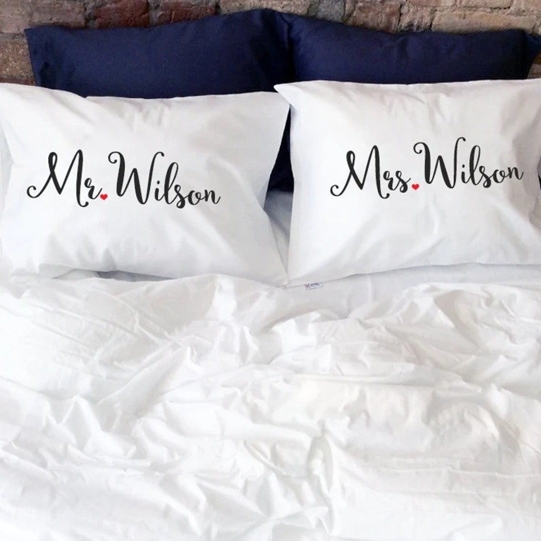 Personalized Mr Mrs With Last Name Couple Pillow Case His and Hers