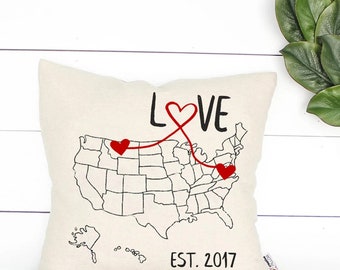 long distance love map Going away gift for boyfriend Personalized State to State USA Map Pillow Long Distance Anniversary Gift distance gift