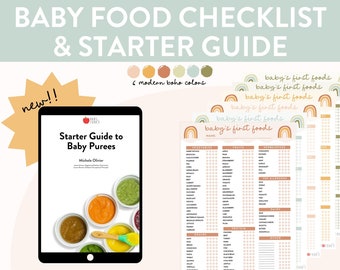 Liste de contrôle alimentaire de Baby's First et guide de démarrage des purées pour bébés | 10 premiers aliments pour bébé, tableau des 100 aliments, suivi des solides, parcours, imprimable