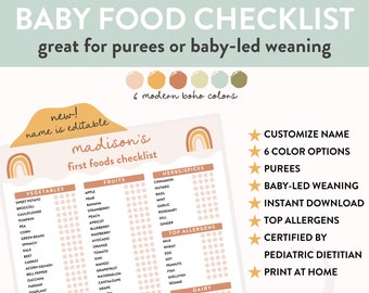 Die erste Checkliste für Babys in 6 modernen Boho-Farben, Anpassen des Babynamens, Babybrei-Püree, Baby-Led Entwöhnung, 100 Lebensmitteltabelle, Solids Tracker