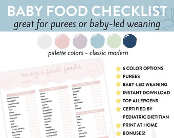 Baby's First Food Checklist, Baby Food Purees, Baby-Led Weaning, 100 Food Chart, Top Allergens, Solids Tracker, Instant Download, PDF