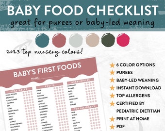 Baby's First Food Checklist in 6 Trending Colors , Baby Food Purees, Baby-Led Weaning, 100 Food Chart, Top Allergens, Solids Tracker