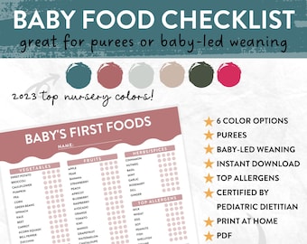 Baby's First Food Checklist in 6 Trending Colors , Baby Food Purees, Baby-Led Weaning, 100 Food Chart, Top Allergens, Solids Tracker
