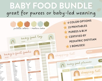 Paquete de alimentos para bebés, lista de verificación de los primeros alimentos del bebé, lista de alimentos para bebés, puré para bebés, destete dirigido por el bebé, tabla de 100 alimentos, principales alérgenos, sólidos iniciales