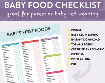 Lista de verificación de los primeros alimentos del bebé, purés de alimentos para bebés, destete dirigido por el bebé, tabla de 100 alimentos, principales alérgenos, seguimiento de sólidos, descarga instantánea, PDF