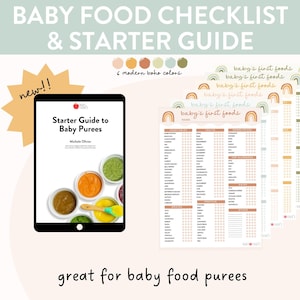 Baby food checklist and starter guide. In the image you see an image of an iPad with the pdf of the starter guide for baby food. On the right you see6 different colors of the checklist for baby foods.