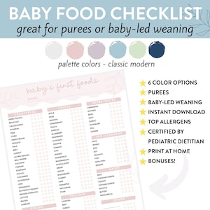 Baby&#39;s First Food Checklist, Baby Food Purees, Baby-Led Weaning, 100 Food Chart, Top Allergens, Solids Tracker, Instant Download, PDF