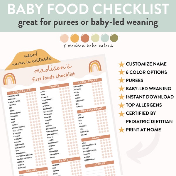 Baby's First Food Checklist in 6 Modern Boho Colors, Customize Baby Name, Baby Food Purees, Baby-Led Weaning, 100 Food Chart, Solids Tracker