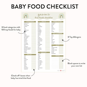 Baby food checklist, with arrows showing how a reader can best use this printable.