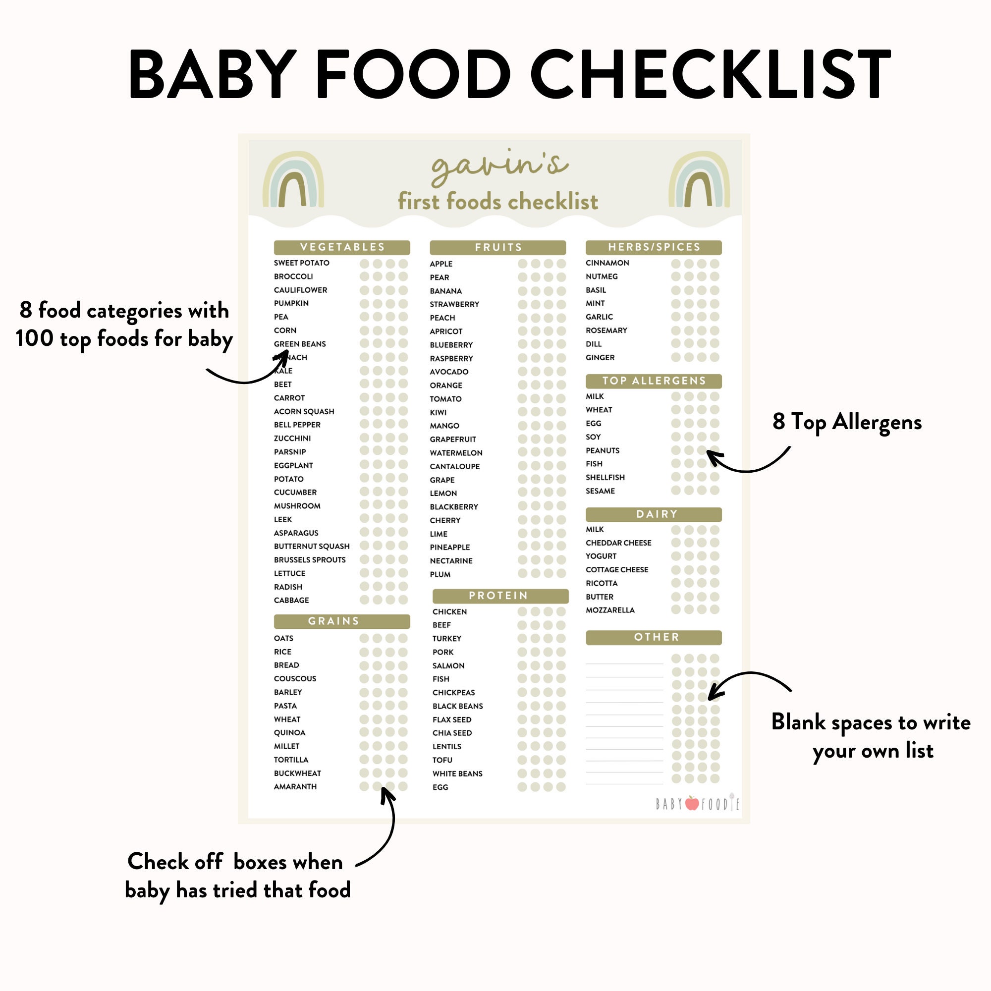 baby-s-first-food-checklist-in-6-modern-boho-colors-customize-baby-name-baby-food-purees-baby