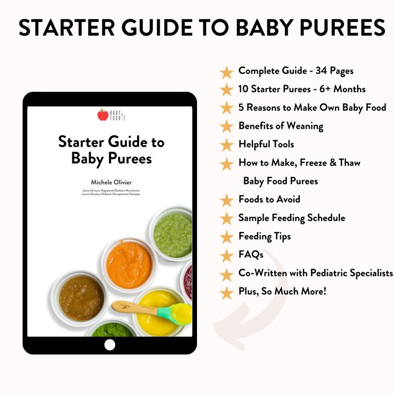 Starter guide to baby purees. Image on the left is of an iPad with the cover image of the starter course for baby food. On the right is a list of all the items and resources in the guide.