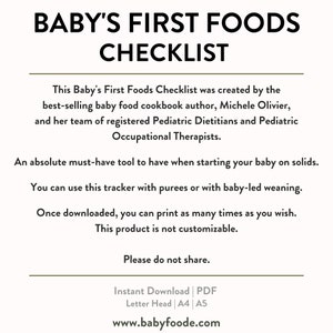 Baby's First Food Checklist & Starter Guide to Baby Purees 10 First Foods for Baby, 100 Food Chart, Solids Tracker, Course, Printable image 6