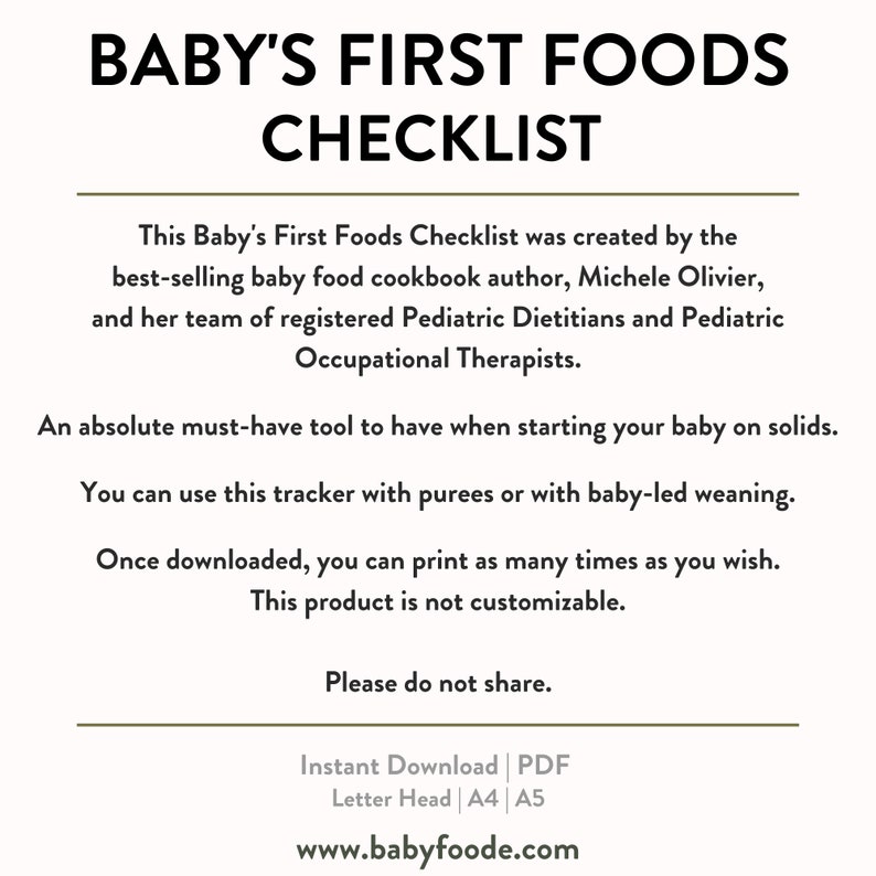 Baby's First Food Checklist & Starter Guide to Baby Purees 10 First Foods for Baby, 100 Food Chart, Solids Tracker, Course, Printable image 6