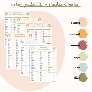 The color palette for these baby food checklist is a boho modern with swatches on the right hand side showing the colors - sunset, mustard, mauve, sage, sky, olive.