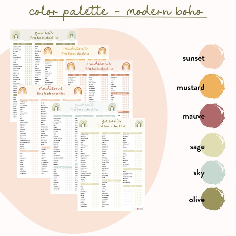 The color palette for these baby food checklist is a boho modern with swatches on the right hand side showing the colors - sunset, mustard, mauve, sage, sky, olive.