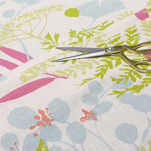 Clarke and Clarke - Woodland - Raspberry - Designer Fabric Per Metre - Bright Bold Florals and Leaves Pattern Print Fabric